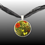 Crimson Red Poppy Flowers & Yellow Butterflies Van Gogh Art Painting 1" Pendant Necklace in Silver Tone