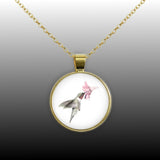 Ruby Throated Hummingbird Color Pencil Drawing Style 1" Pendant Necklace in Gold Tone