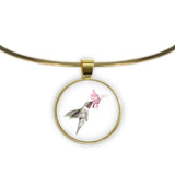 Ruby Throated Hummingbird Color Pencil Drawing Style 1" Pendant Necklace in Gold Tone