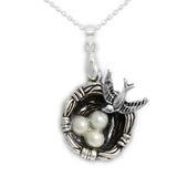 Song Bird Perched on Nest with Shimmering Eggs Pendant 18" Cable Chain Necklace in Silver Tone
