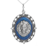 Majestic Persian Blue & Silver Color Lion Cameo Vintage Style Pendant Cable Chain Necklace Silver Tone