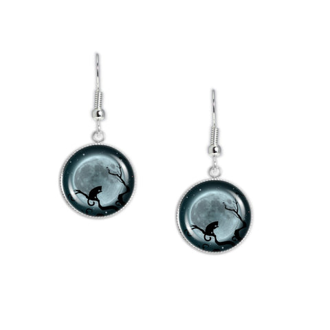 Cat Licking Paw in Tree Against Blue Tinted Moon Autumn & Halloween Illustration Art Dangle Earrings w/ 3/4" Charms in Silver Tone