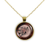 Crow or Raven Birds in Tree Against Red Tinted Moon Autumn & Halloween Illustration Art 1" Pendant Necklace in Gold Tone