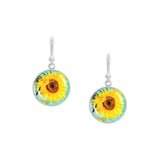 Sunny Yellow Sunflower Van Gogh Painting Dangle Earrings w/ 3/4" Art Print Charms Silver Tone
