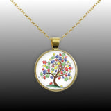 Puzzle Piece Tree Autism Awareness Illustration Folk Art Style 1" Pendant Necklace in Gold Tone