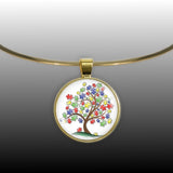 Puzzle Piece Tree Autism Awareness Illustration Folk Art Style 1" Pendant Necklace in Gold Tone