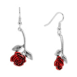 Crimson Upside Down Red Rose Flower Earrings in Silver Tone, Celebrate Christmas, Holidays