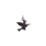 Ridin' Her Broom Purple Cloaked Witch On Broomstick Petite Drop Pendant Necklace in Silver Tone
